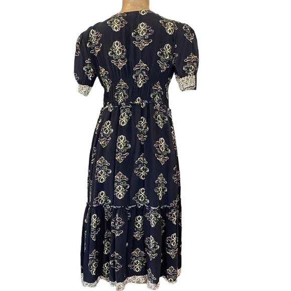 LAPIS BOHO Prairie Tiered Midi Dress Short Sleeve Empire Waist Sz M #267G - Picture 6 of 10